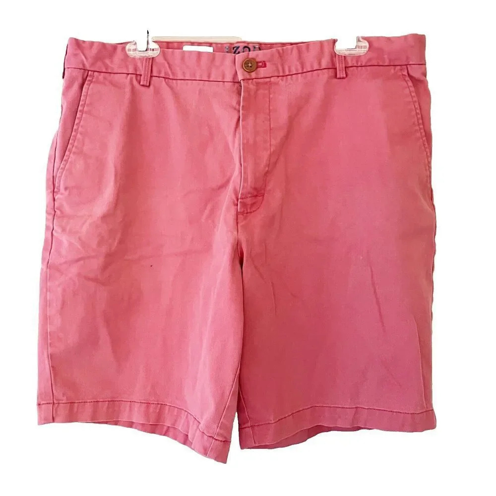 Izod Mens Pink Chino Shorts 36 x 9.5 Classic Solid Slash Pockets Spring Summer